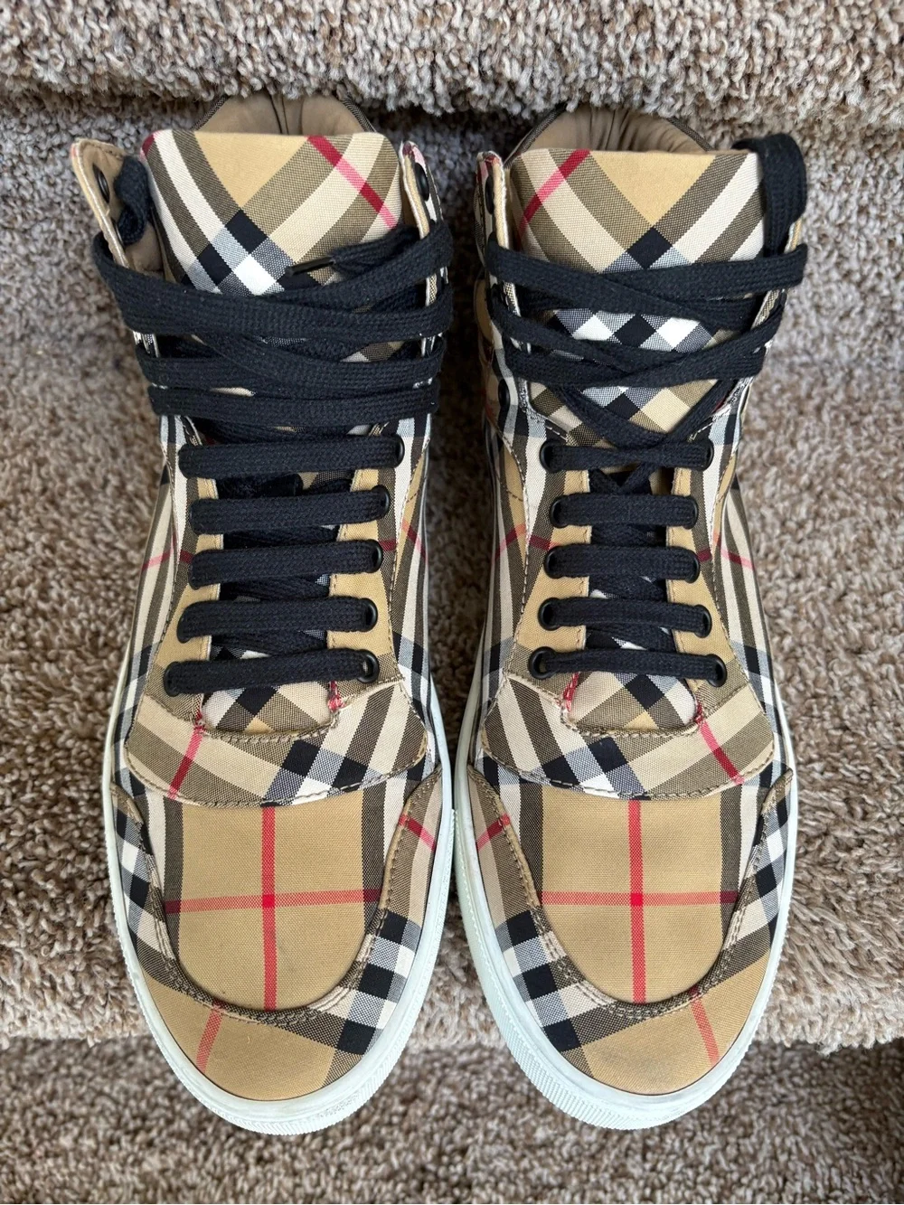 Burberry Men’s High-Top Nova Check Sneakers in Tan, Black, Red